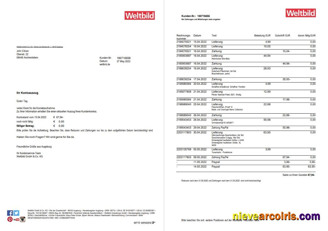 Germany Weltbild bank statement 2 pages